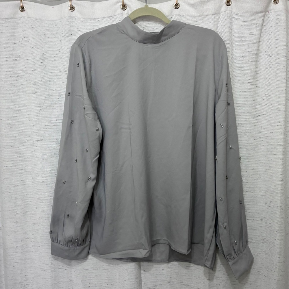 Ann Taylor Gray Mock Neck Rhinestone Embellished Long Sleeve Blouse XL Feminine